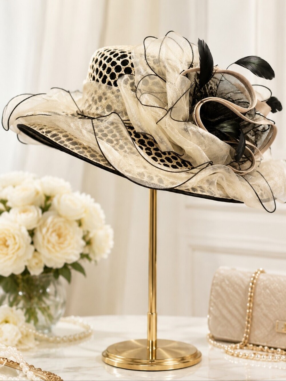 Designed by EE Ivory & Black Wide Brim Church Kentucky Derby Fascinator Hat OS
